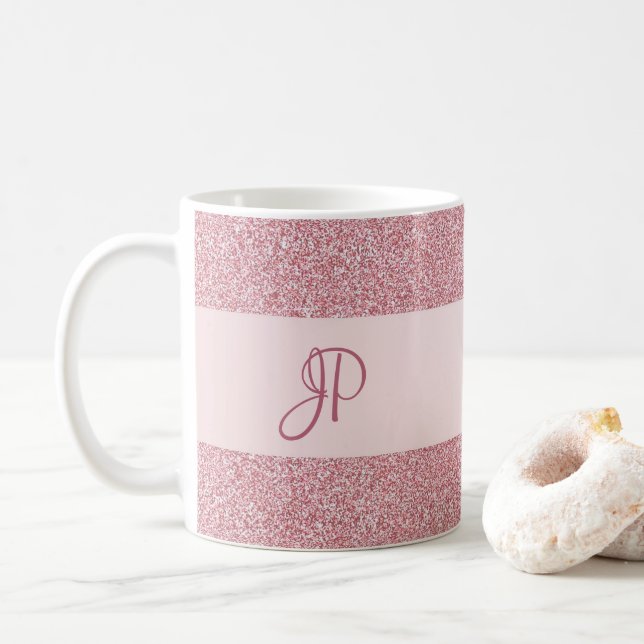 Für ihre Rose Gold Glitzer Look Template Monogramm Kaffeetasse (Mit Donut)