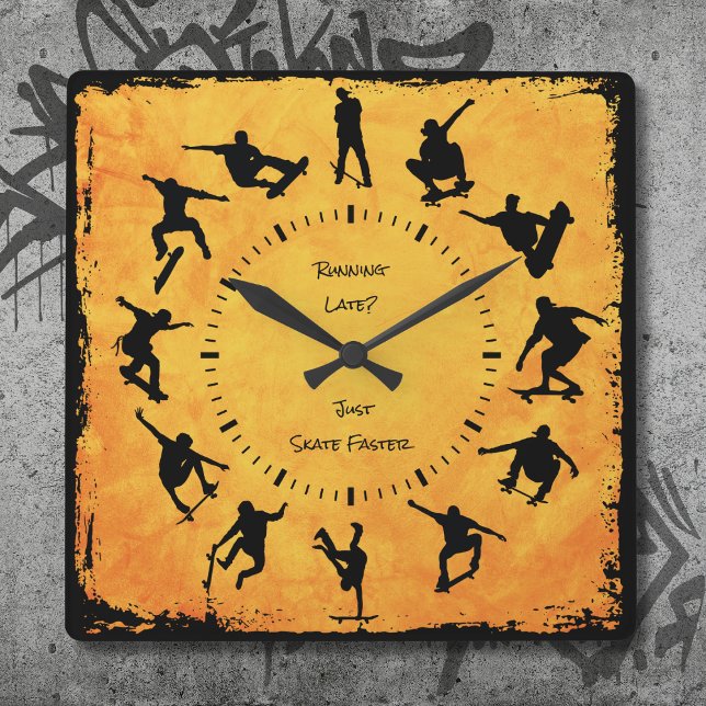 Für immer auf meinem Mainboard gelbe Skateboarding Quadratische Wanduhr (Forever On My Board Skateboarding Clock Yellow)