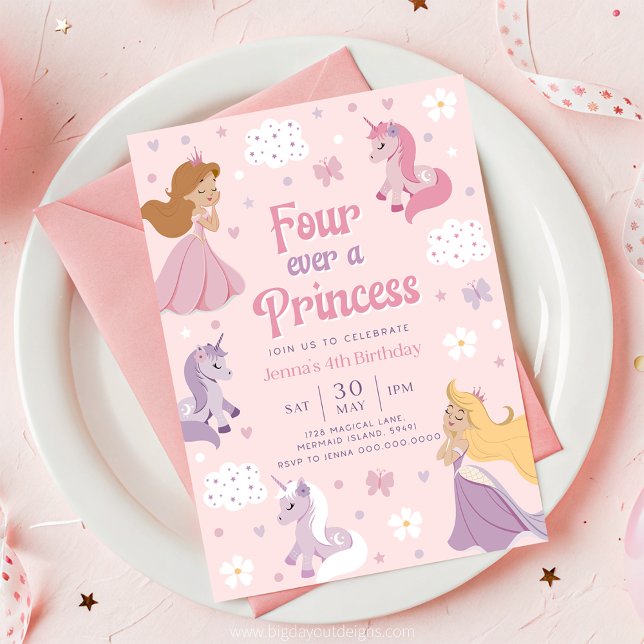 Für immer eine Prinzessin-Einladung. Vier je ein P Einladung (Princess and Unicorn Pink 4th Birthday Invitation)