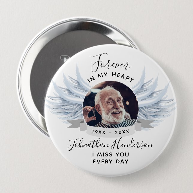 Für immer in meinem Herzen Engel Flügel Foto Beerd Button (Vorne & Hinten)