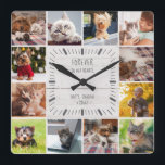 Für immer in unserem Hearts Pet Farmhouse Foto Col Quadratische Wanduhr<br><div class="desc">Diese moderne Rustikale Foto-Collage-Wand-Uhr wird jedem Liebhaber das Herz wärmen. Ein schöner Sake für jede Katzen-Mutter, Hundedad oder Elternschaft mit anderen Pelzbabys, das ist ein süßes Instagram-freundliches Foto Grid Geschenk, leicht personalisiert mit 12 Ihrer Lieblingsfotos. Das hübsche handgeschriebene Design und der rustikale (bedruckte), weiße Shiplapfixer Oberholzboden sorgen für ein warmes,...</div>