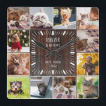 Für immer in unserem Hearts Pet Keepake Foto Colla Quadratische Wanduhr<br><div class="desc">Diese moderne Rustikale Foto-Collage-Wand-Uhr wird jedem Liebhaber das Herz wärmen. Ein schöner Sake für jede Katzen-Mutter, Hundedad oder Elternschaft mit anderen Pelzbabys, das ist ein süßes Instagram-freundliches Foto Grid Geschenk, leicht personalisiert mit 12 Ihrer Lieblingsfotos. Das hübsche handgeschriebene Design und der rustikale (bedruckte) dunkle, elegante Holzpaneelhintergrund sorgen für ein warmes,...</div>