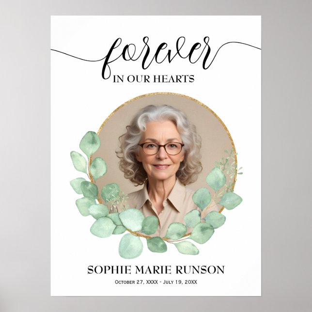Für immer in unserem Herzen Eukalyptus-Beerdigung Poster (Vorne)