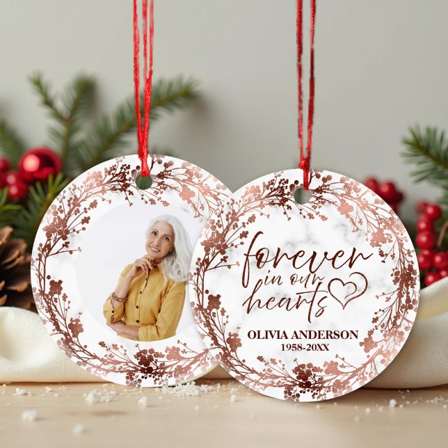 Für immer in unserem Herzen Rose Foil Foto Memoria Keramik Ornament (Von Creator hochgeladen)