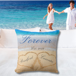 Für immer personalisiert   Herzen im Sand Hochzeit Kissen
