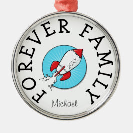 Für immer scherzt Familie Retro Rocketship Silbernes Ornament