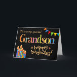 Für Kerzen, die auf Grandson Chic lauschen, Geburt Karte<br><div class="desc">Eine helle und farbenfrohe Geburtstagskarte für einen Großsohn jeden Alters,  mit Birthday Cake Candles,  Bunting and Stars und dem Wort "Grandson" in gemusterter Schrift,  in Goldeffekt (nicht in metallischer Tinte) und Happy Birthday umrissen,  auch in Goldeffekt,  auf schwarzem Hintergrund. Ein digitales Design von Judy Adamson.</div>