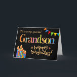 Für Kerzen, die auf Grandson Chic lauschen, Geburt Karte<br><div class="desc">Eine helle und farbenfrohe Geburtstagskarte für einen Großsohn jeden Alters,  mit Birthday Cake Candles,  Bunting and Stars und dem Wort "Grandson" in gemusterter Schrift,  in Goldeffekt (nicht in metallischer Tinte) und Happy Birthday umrissen,  auch in Goldeffekt,  auf schwarzem Hintergrund. Ein digitales Design von Judy Adamson.</div>