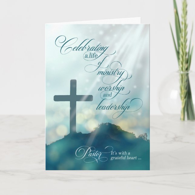 für Pastor Ordination Jubiläum Aquamarine Cross Ca Karte (Vorderseite)