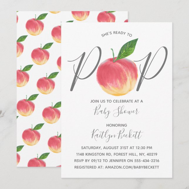 Für Pop bereit Wasserfarben Peach Babydusche Einladung (Vorne/Hinten)