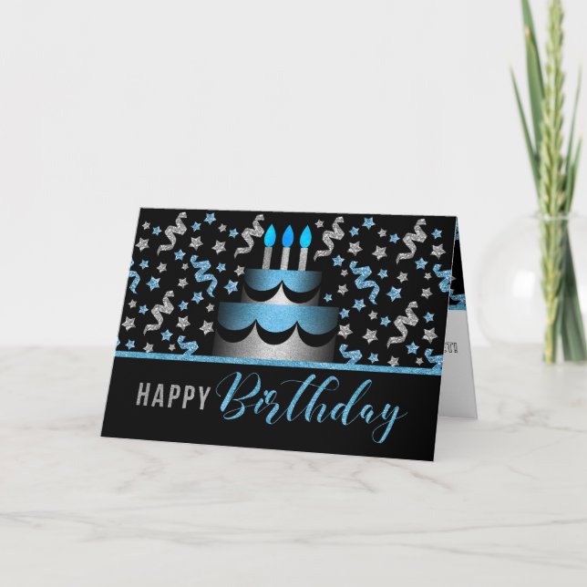 für Sim Birthday Cake Blue und Silver Imitats Glit Karte (Vorderseite)