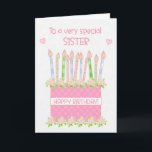 Für Sister Birthday Cake Hearts and Rose Card Karte<br><div class="desc">Eine sehr hübsche Geburtstagskarte für Ihre Schwester mit einem rosa Geburtstagskuchen mit vielen gemusterten Kerzen. Der Kuchen ist rosa, mit einem Polka Dot-Muster und mit rosafarbenen, albertinischen Rose dekoriert, die von Hand in Aquarellfarben gemalt werden. "Happy Birthday!" ist in passendem Rosa auf einer weißen Band um den Kuchen geschrieben. Über...</div>