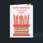 Für Sister Custom Age Birthday Cake Card Karte<br><div class="desc">Sie können das Alter zu dieser farbenfrohen Geburtstagskarte Ihrer Schwester hinzufügen, mit einem Erdbeergeburtstorte. Der Kuchen hat viele Kerzen mit verschiedenen Mustern und es gibt eine gemusterte Band um den Kuchen mit bunten Sommerfrüchten - Erdbeeren, Himbeeren, Limetten und Orangenscheiben. Über dem Kuchen, der Gruß in roter Schrift ist "GLÜCKLICHER GEBURTSTAG...</div>