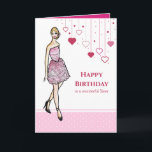 Für Sister on Birthday Girl with Pink Roses Dress Karte<br><div class="desc">Entworfen auf meine Veranschaulichung einer schönen blonden Haar Dame mit atemberaubenden klassisch eleganten rosa Cocktailkleid,  trägt schöne schwarze Stiletto Schuhe. Das Design hat rosa-weiße Polka-Punkte-Muster - ein schicker und moderner Stil. Anpassbar mit eigenem Text für ein personalisiertes Design.</div>