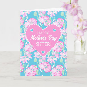 Für Sister on Mothers Day Pink Roses on Blue Karte