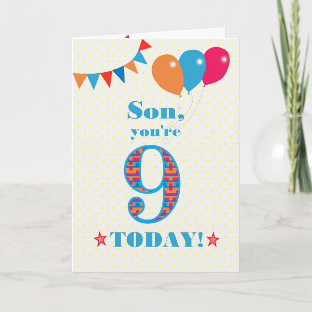 Für Son 9th Birthday Bunting and Balloons Card Karte (Vorderseite)