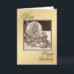 Für Son eine traditionelle Geburtstagskarte Karte<br><div class="desc">Eine traditionelle Geburtstagskarte für einen Mann,  der einen Globus der Erde,  ein Buch und Schlüssel zeigt. Alles in Sepia für einen männlichen Look gemacht.</div>