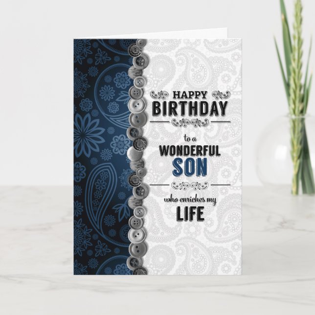 für Son's Birthday Blue Paisley mit Tasten Karte (Vorderseite)
