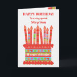 Für Step Son Custom Age Birthday Cake Card Karte<br><div class="desc">Sie können das Alter zu dieser bunten Geburtstagskarte für Ihren Stiefel hinzufügen, mit einem Erdbeergeburtstorte. Der Kuchen hat viele Kerzen mit verschiedenen Mustern und es gibt eine gemusterte Band um den Kuchen mit bunten Sommerfrüchten - Erdbeeren, Himbeeren, Limetten und Orangenscheiben. Über dem Kuchen, der Gruß, in roter Schrift, ist "GLÜCKLICHER...</div>