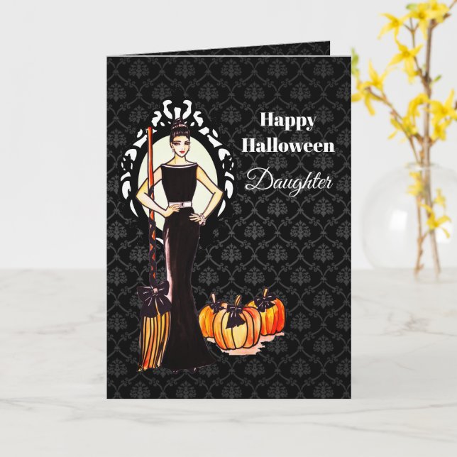 Für Tochter zu Halloween Lady Witz mit Broom Karte (Gelbe Blume)