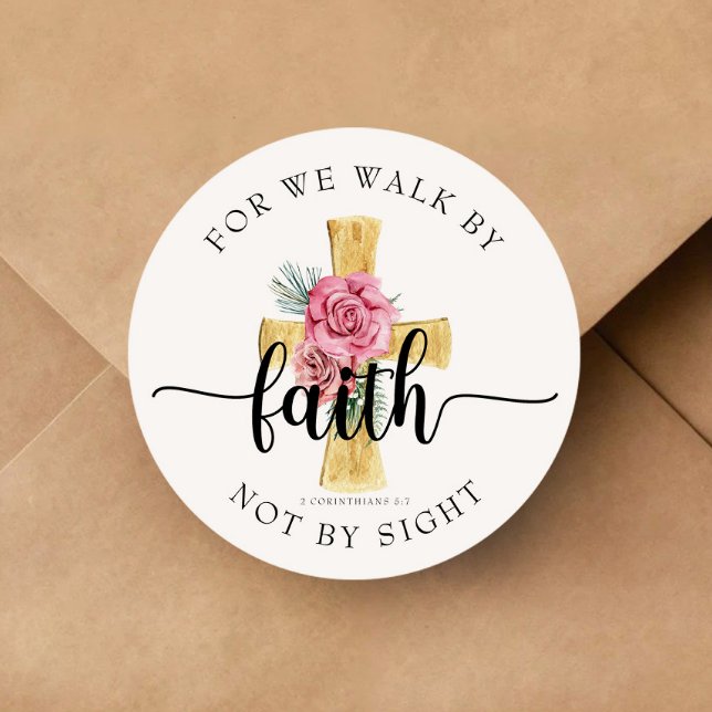 Für uns gehen durch Glauben / Blumenkreuz Christli Runder Aufkleber (For We Walk By Faith / Floral Cross Christian Classic Round Sticker)