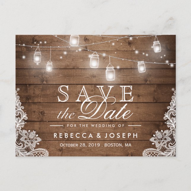 (für USPS) Rustikale String-Lights Save the Date Ankündigungspostkarte (Vorderseite)