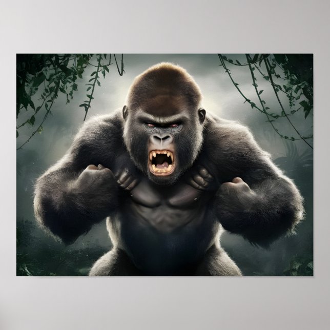 Furcht erregender Monkey Gorilla Roaring im Dschun Poster (Vorne)