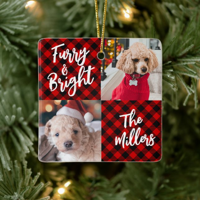 Furry & Bright Dog 2 Foto Weihnachten Keramikornament (Baum)
