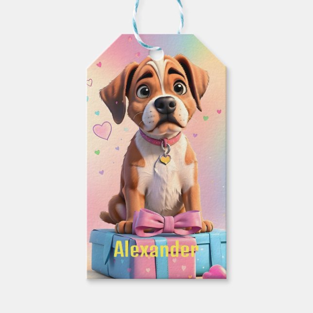 Furry Friends Boxer Welpe mit farbenfrohen Geschen Geschenkanhänger (Vorderseite)