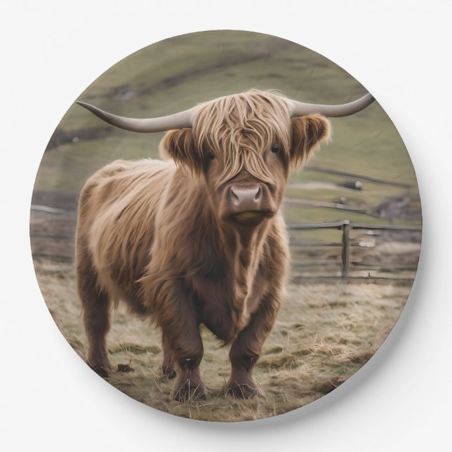 **"Furry Majestät: The Wooly Brown Highland Cow"** Pappteller (Vorderseite)