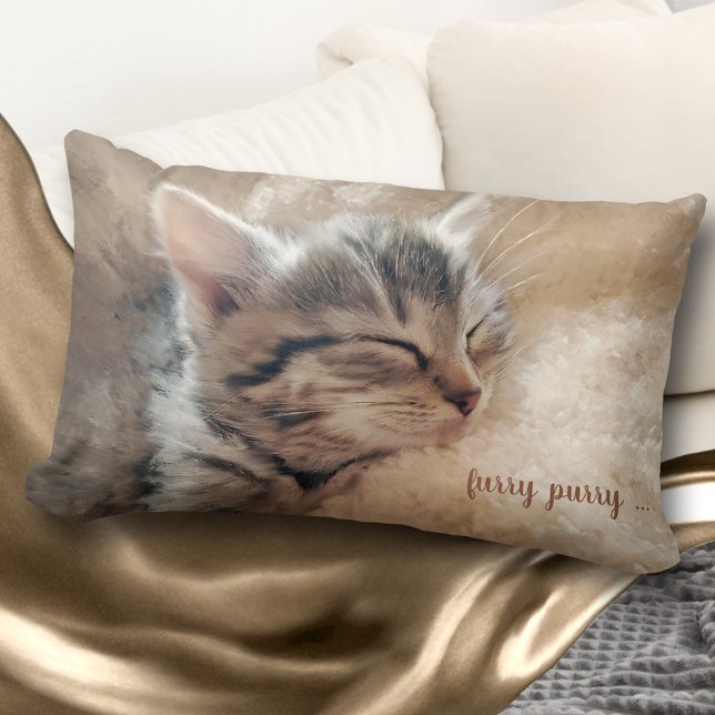 Furry Purry Kitty Fine Art Pillow Lendenkissen (Personalized pillow featuring a painted cute kitty sleeping on fluffy background)