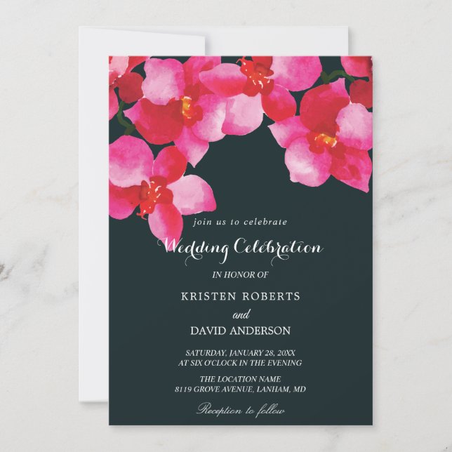 Fuschia Blumen und Schwarze Hochzeitseinladungen Einladung (Vorderseite)