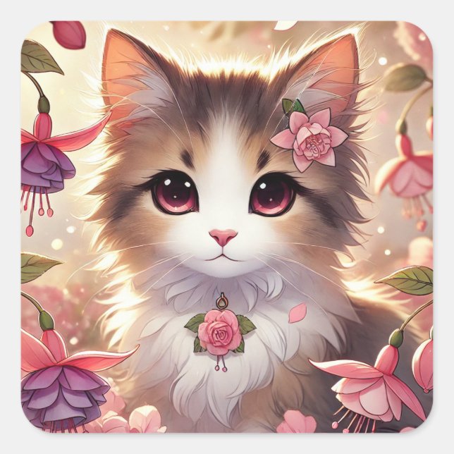 Fuschia Cat Quadratischer Aufkleber (Vorderseite)