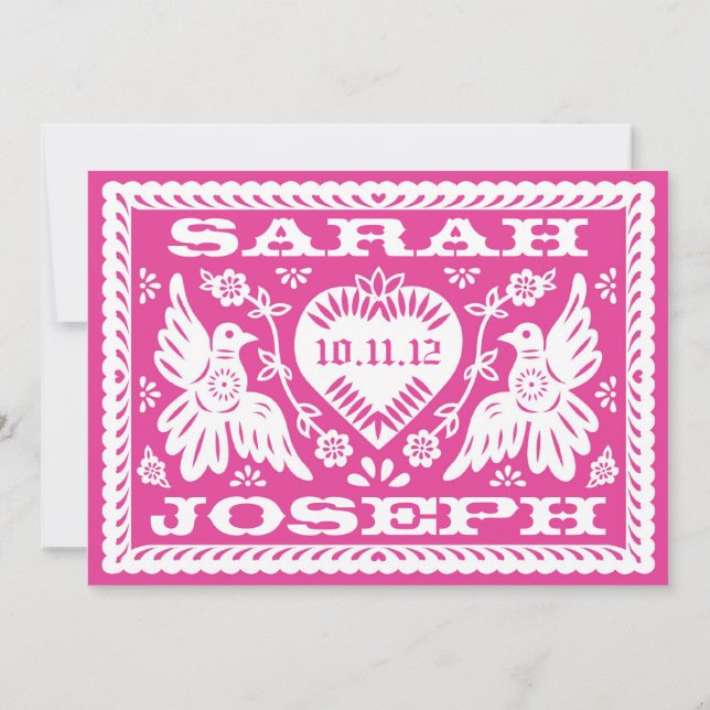 Fuschia Papel Picado Love Birds Wedding Einladung (Rückseite)
