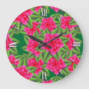 Fuschia Pink Camellias and Green Leaves Große Wanduhr