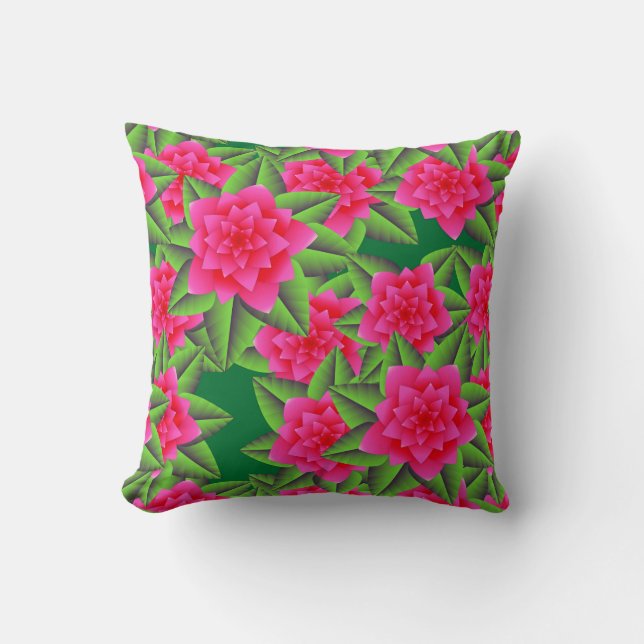 Fuschia Pink Camellias und grüne Blätter Kissen (Vorderseite)