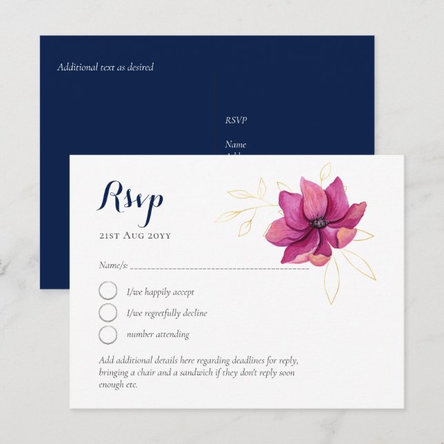 Fuschia Pink Gold Navy Blue Wedding RSVP Postkarte (Vorne/Hinten)