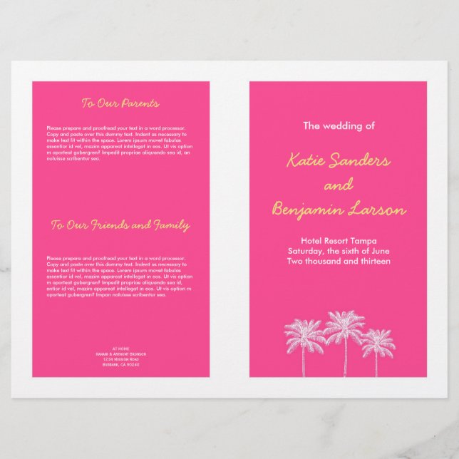 Fuschia Rosa Palmen Sommerhochzeitprogramm (Vorderseite)