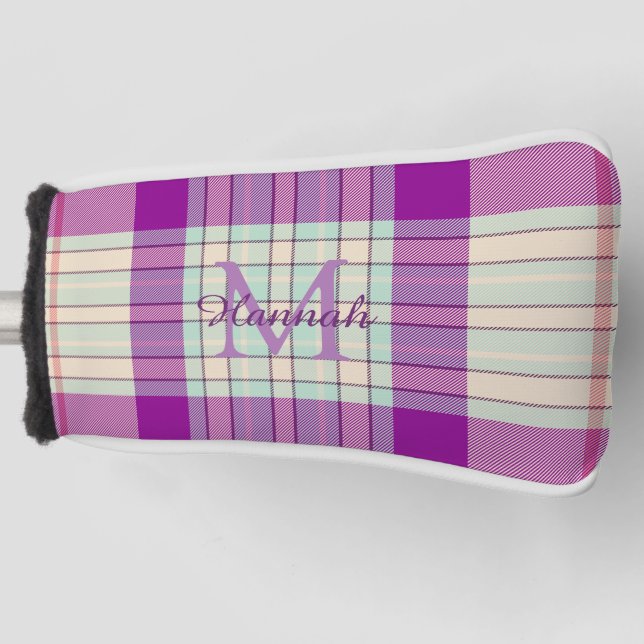 Fuschia Schottisches Kariertes Muster Personalisie Golf Headcover (Vorderseite)