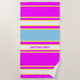 Fuschia Sky Blue Lemon Yellow Stripes Pattern Strandtuch