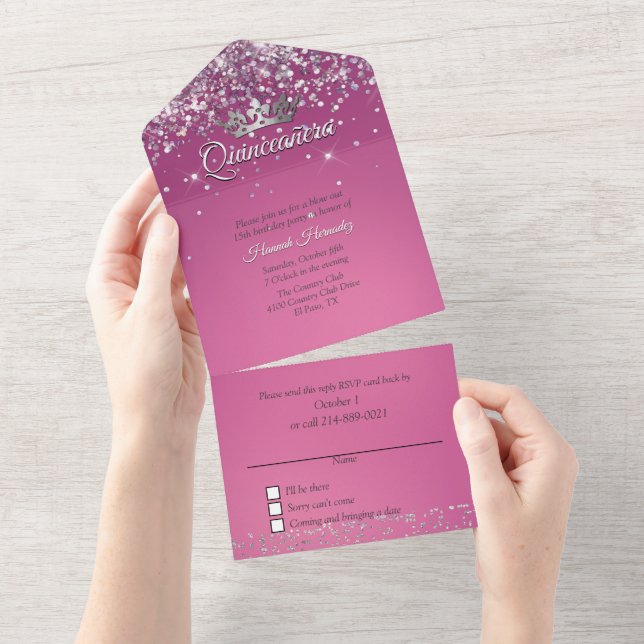 Fushia und Glitzer Quinceañera   All In One Einladung (Abreißen)