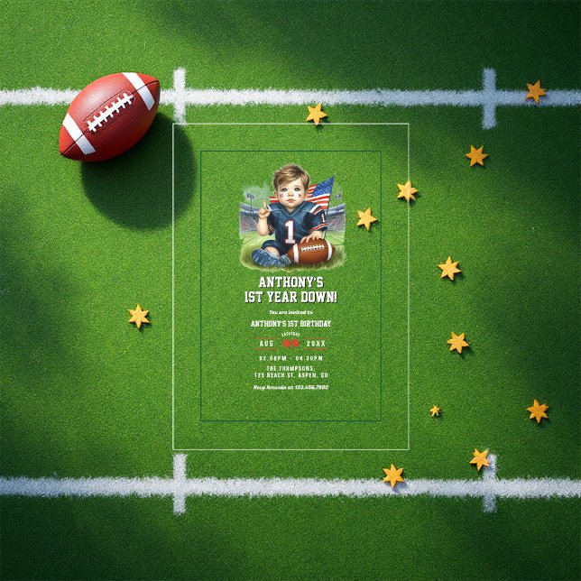 Fußball 1. Geburtstag Party Acryleinladungen (First Year Down Football 1st Birthday Party Acrylic Invitation)
