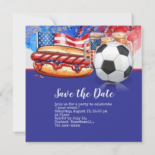 Fußball 4. Juli Unabhängigkeitstag Amerika Save The Date (Vorderseite)