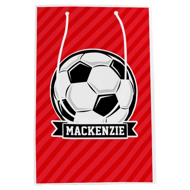 Fußball auf roten Diagonalstreifen Mittlere Geschenktüte (Vorderseite)