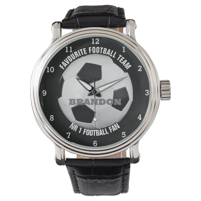 Fußball Ball Black Stilvoller Individuelle Name He Armbanduhr (Vorderseite)