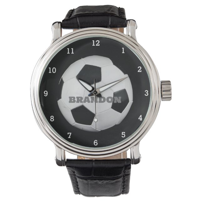 Fußball Ball Black Stilvoller Individuelle Name He Armbanduhr (Vorderseite)