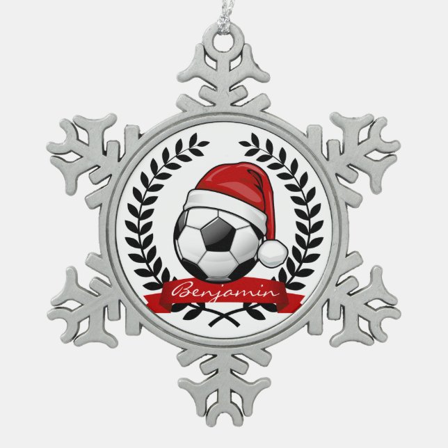 Fußball-Ball, der ein Schneeflocken Zinn-Ornament (Vorderseite)