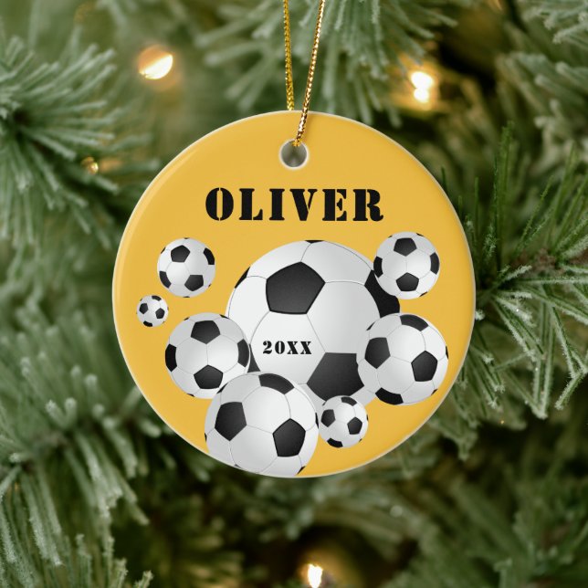 Fußball Ball Gelbe Sportler Kinder Keramik Ornament (Baum)