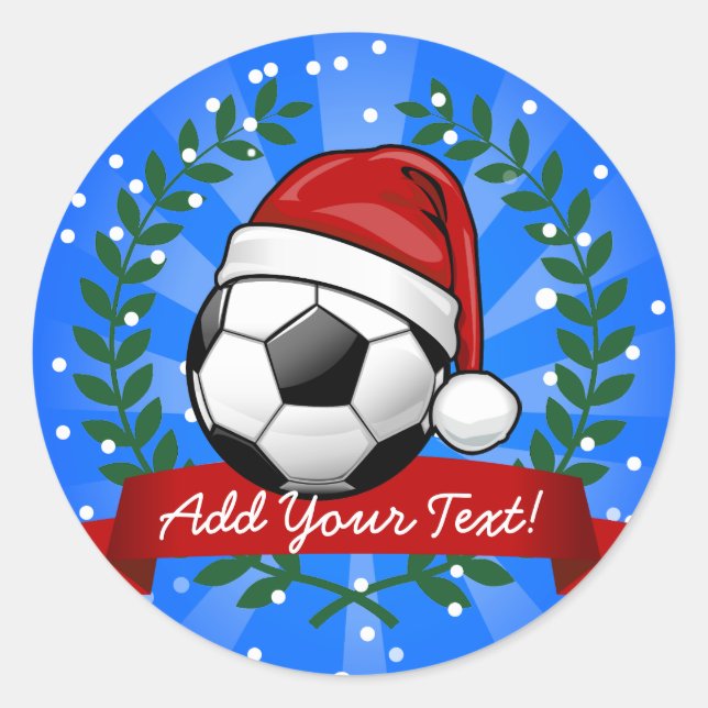Fußball-Ball mit einer Weihnachtsmannmütze Weihnac Runder Aufkleber (Vorderseite)
