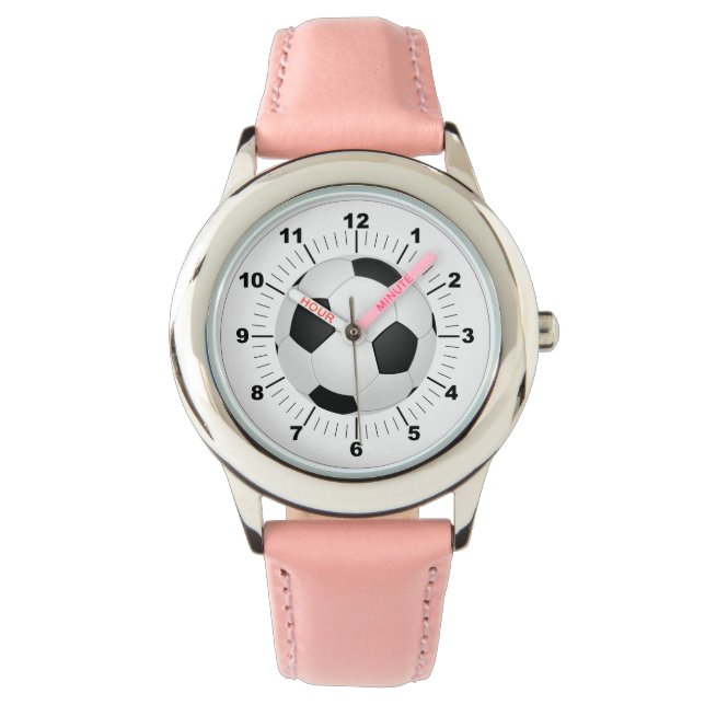 Fußball-Ball, rosa Lederband für Kinder Armbanduhr (Vorderseite)